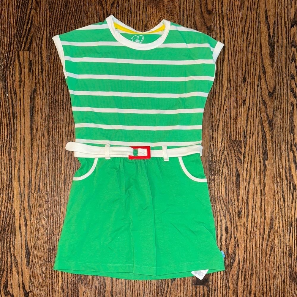 Little Bird by Jools Oliver size 4-5 Green and White Striped Dress with Belt
